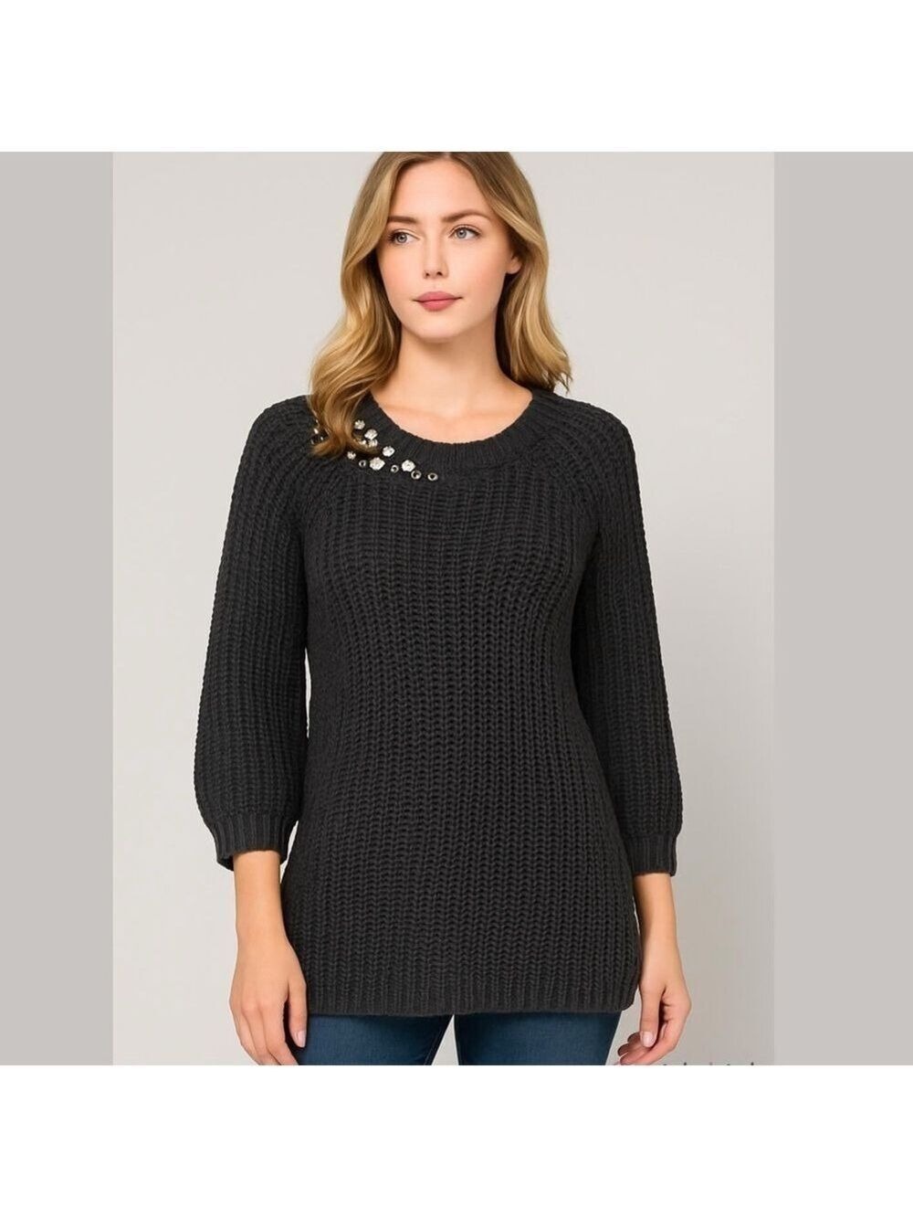 AUGUST MOON - Black 3/4 Sleeve RHINESTONE Beaded Chunky Sweater Womens Medium M